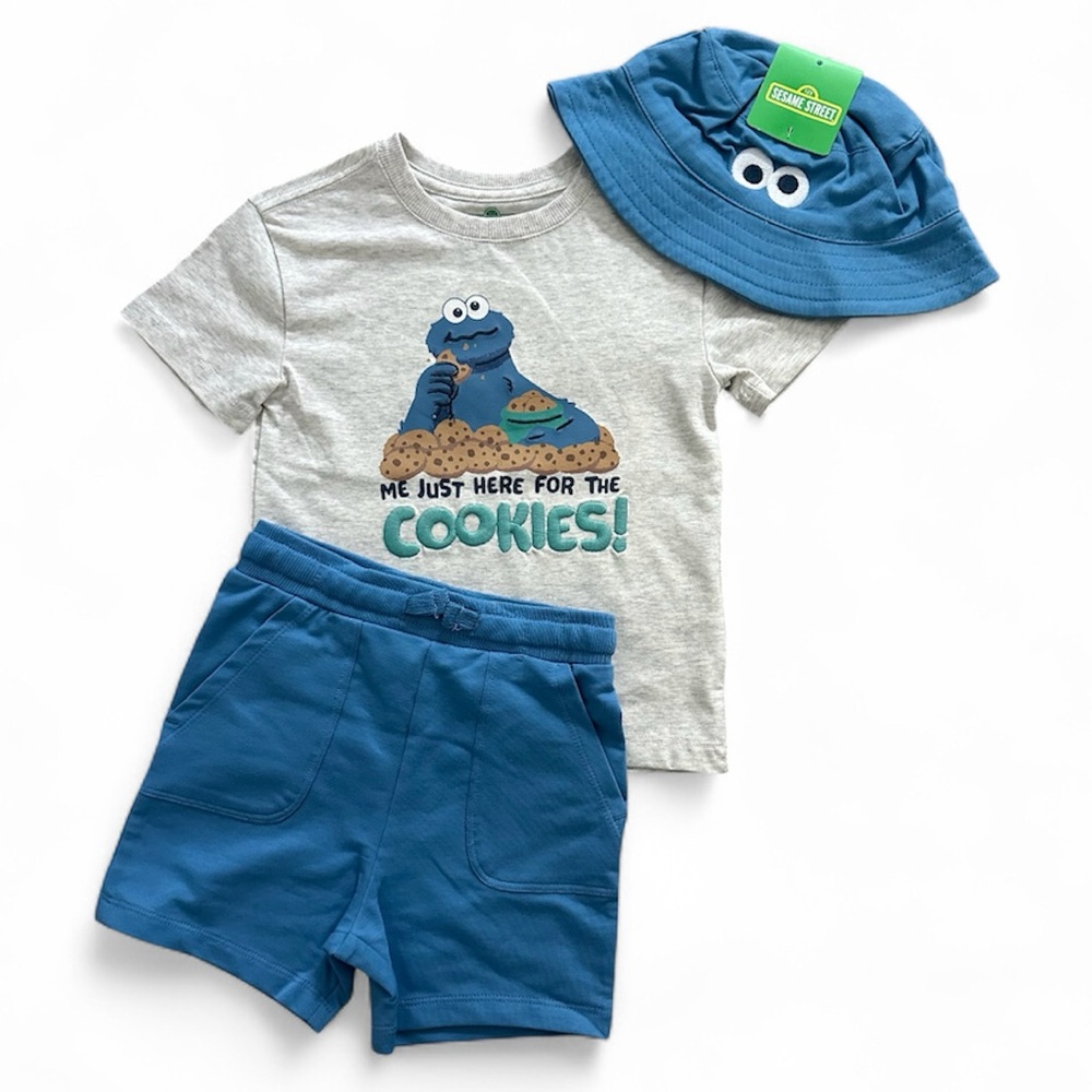 Sesame Street Cookie Monster Tee and Blue Shorts with Hat Boys Size 2T